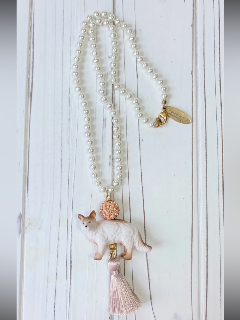 Lenora Dame Persian Kitty Cat Pendant Necklace Pink Tassel faux Pearls NWT